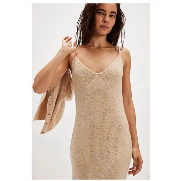 FREE PEOPLE Audrey Beige Cotton Blend Knit Bodycon Sweater Tank Dress, Size M - Picture 4 of 11